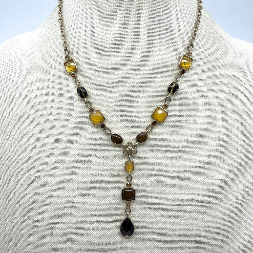 Amber Brown Black Cabochon Y Drop Necklace Silver Tone Floral Boho Statement